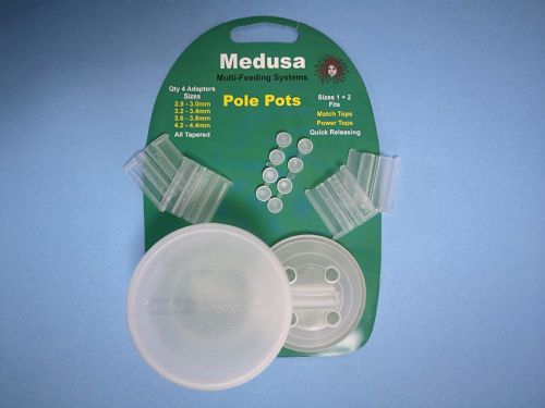 Medusa Pole Pots Sizes 1 & 2. Drip feeders perfect for maggott or pellets. Can be used as a cupping kit for pole fishing!